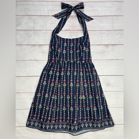 Hill House The Fleur Mini Dress - Small - Navy Blue Trailing Fern Floral halter - Picture 5 of 15